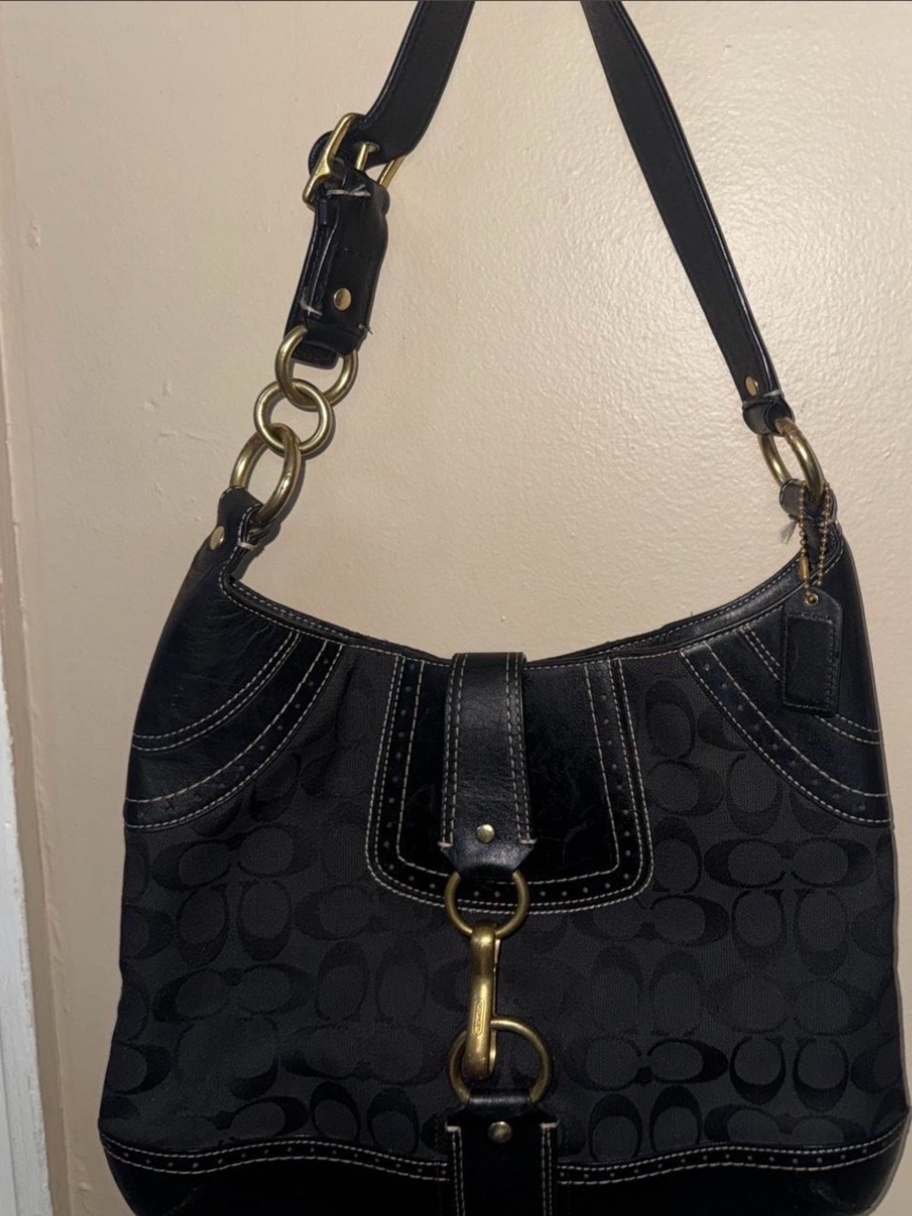 Coach Black Signature Hobo Bag with Brass Hardware